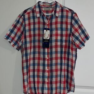 {Natural Blue by Visitor} Red White Blue Button-Down Casual Shirt in 100% Linen